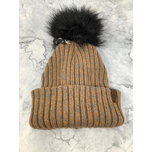 Obermeyer Women's Brown Sugar Fir Faux-Fur Pom Ribbed Beanie Hat Winter L25-14 - Picture 2 of 10